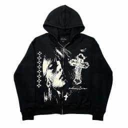 2024 American Retro Cross Print New Black Loose Zipper Hoodie Men's Street Harajuku Super David Jacket Y2K Punk Couple Jacket