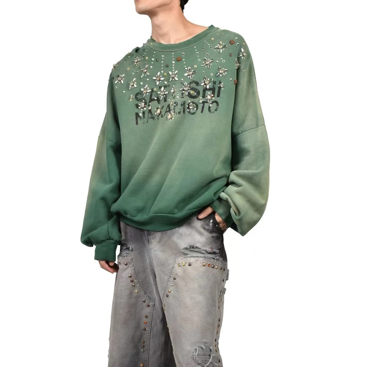 Shinning Crystal Castle Crew Neck Washed Terry Sweatshirt for Men and Women High Street Retro Diamond Baggy Hoodies Oversized
