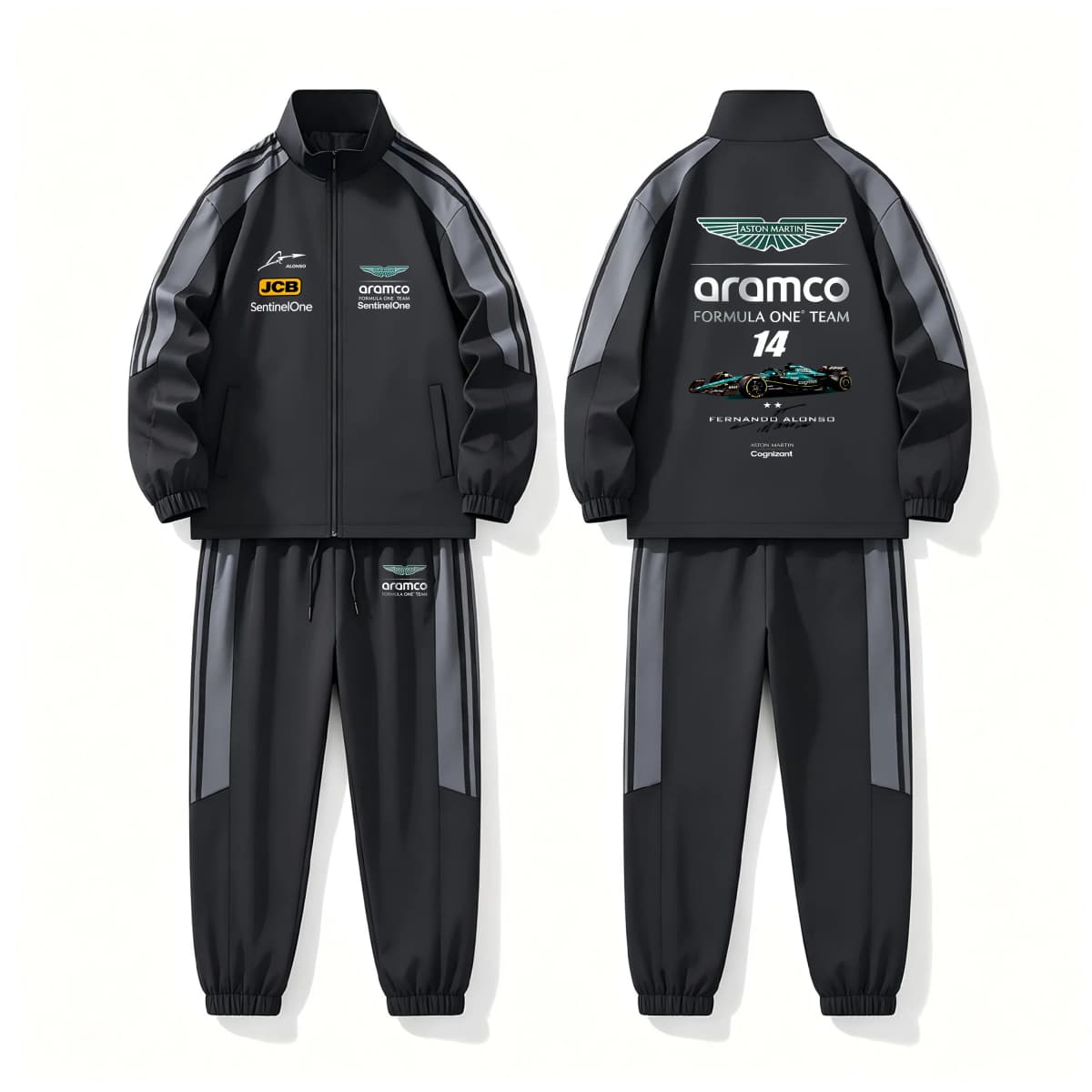 Aston Martin fan printed jacket set, windproof sports set, suitable for outdoor sports such as hiking, camping, fishing, etc