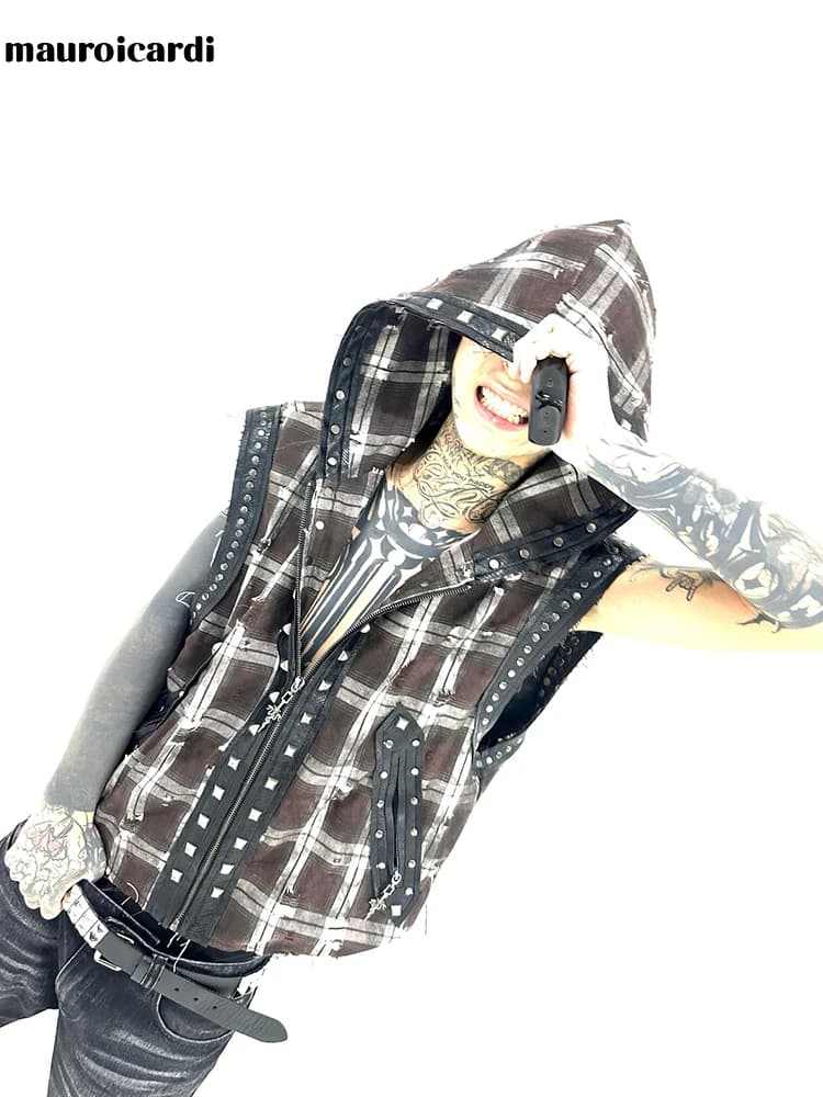 Mauroicardi Autumn Studded Patchwork Plaid Hoodie Vest Sweatshirt for Men Luxury Designer Clothes Menswear Sleeveless Jacket