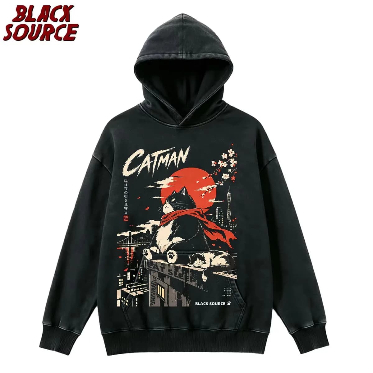 T497 Bai Men's Catman Red Moon Cat Graphic Hoodie, Japanese Streetwear Pullover Sweatshirt, Oversized Casual Urban Fashion