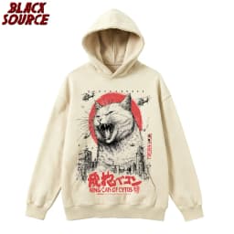 T251 Funny Cute Japanese Cat Graphic Hoodie, Cat Lover Pullover Sweatshirt, Women's Casual Streetwear, Artistic Print