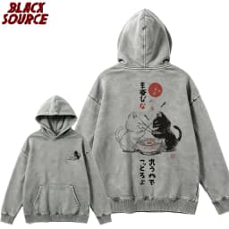 T149 Men's Japanese Harajuku Funny Cartoon Cat Graphic Hoodie, Casual Pullover Sweatshirt, Streetwear Hip Hop Unisex