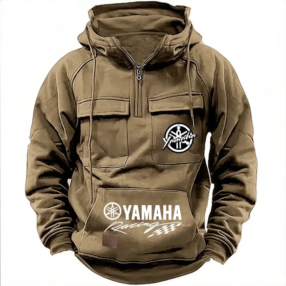 2026 New Yamaha Logo Men Multi Pocket Zip Up Hooded Sweatshirt Motorcycle Racing Outdoor Sports Top
