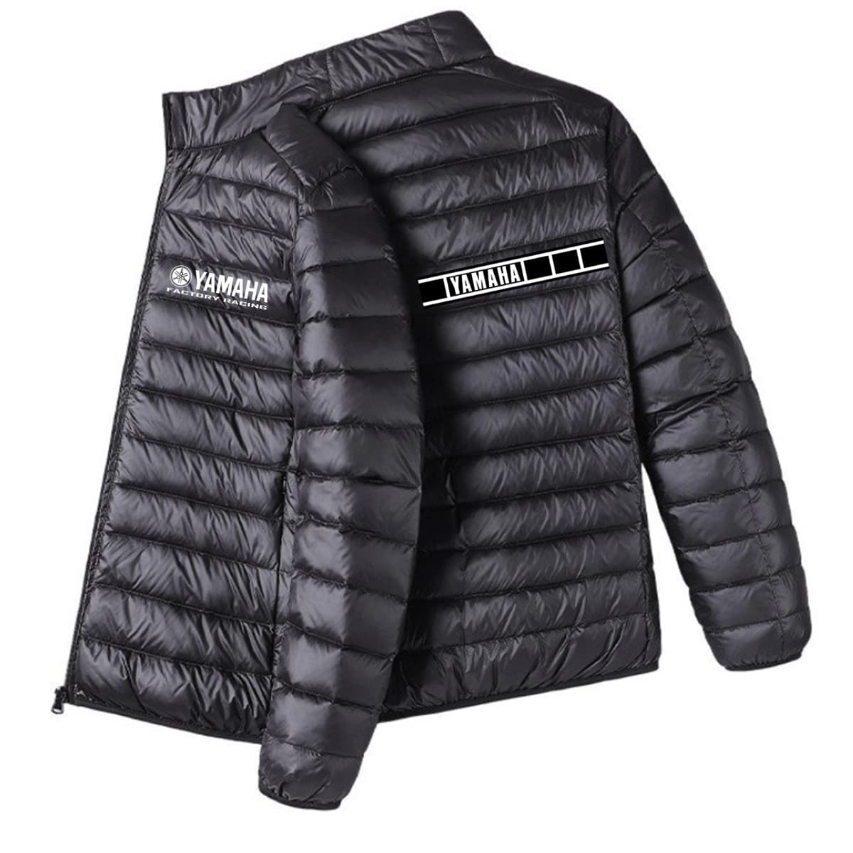 Men Yamaha Racing Graphic Light Puffer Jacket Stand Collar Zip Up Warm Motorcycle Biker Windproof Coat Winter Casual Outerwear