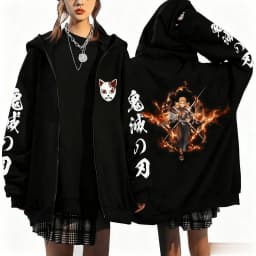 Kyojuro Rengoku Anime Hooded Jacket Men Women Loose Casual Streetwear Zip Up Sweatshirt Demon Slayer Graphic Print Autumn Winter