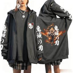 Kyojuro Rengoku Anime Hooded Jacket Men Women Loose Casual Streetwear Zip Up Sweatshirt Demon Slayer Graphic Print Autumn Winter