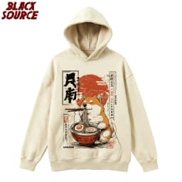 T395 Kawaii Shiba Inu Eating Ramen Hoodie, Dog Lover Gift Pullover Sweatshirt, Cute Graphic Design Casual Mens Clothing
