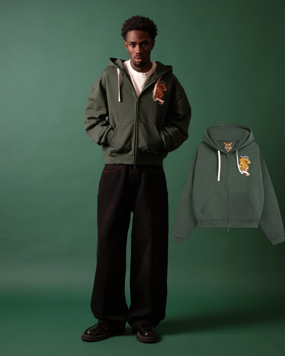 Mens Hip Hop Style Dark Green Tiger Pattern Embroidered Zip Up Hoodie Oversized Long Sleeve Ribbed Cuff Casual Hooded Daily Wear