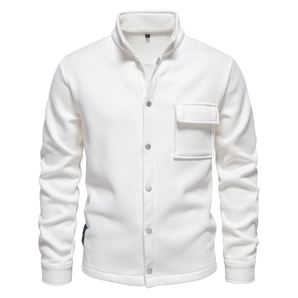 Autumn Winter Fleece Waffle Lapel Zip-Up Jacket Men's Pocket Casual Outerwear