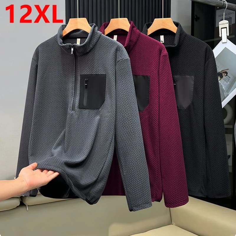 Autumn Winter Wave Fleece Plus Size Mountain Outdoor Men Thermal Locking Warm Fleece Half-Zip Pullover Sweatshirt190kg 12XL