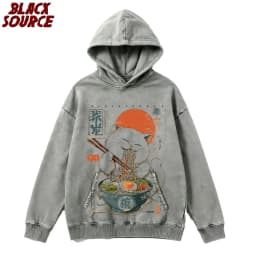 T0220 Cute Ramen Japanese Cat Hoodie, Unisex Cartoon Graphic Pullover Sweatshirt, Casual Streetwear Loose Fit Daily Wear