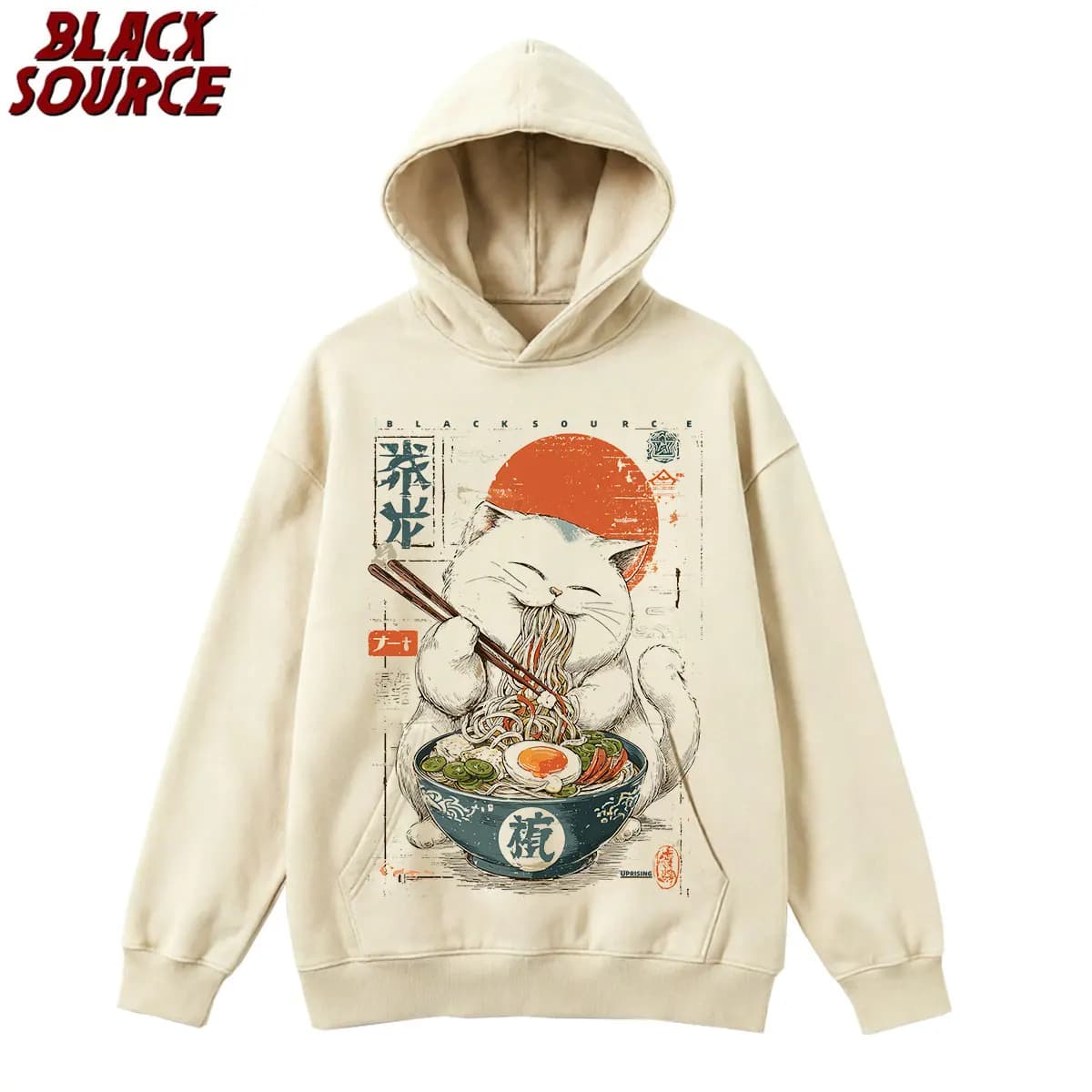 T0220 Cute Ramen Japanese Cat Hoodie, Unisex Cartoon Graphic Pullover Sweatshirt, Casual Streetwear Loose Fit Daily Wear
