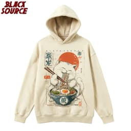 T0220 Cute Ramen Japanese Cat Hoodie, Unisex Cartoon Graphic Pullover Sweatshirt, Casual Streetwear Loose Fit Daily Wear