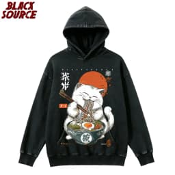 T0220 Cute Ramen Japanese Cat Hoodie, Unisex Cartoon Graphic Pullover Sweatshirt, Casual Streetwear Loose Fit Daily Wear