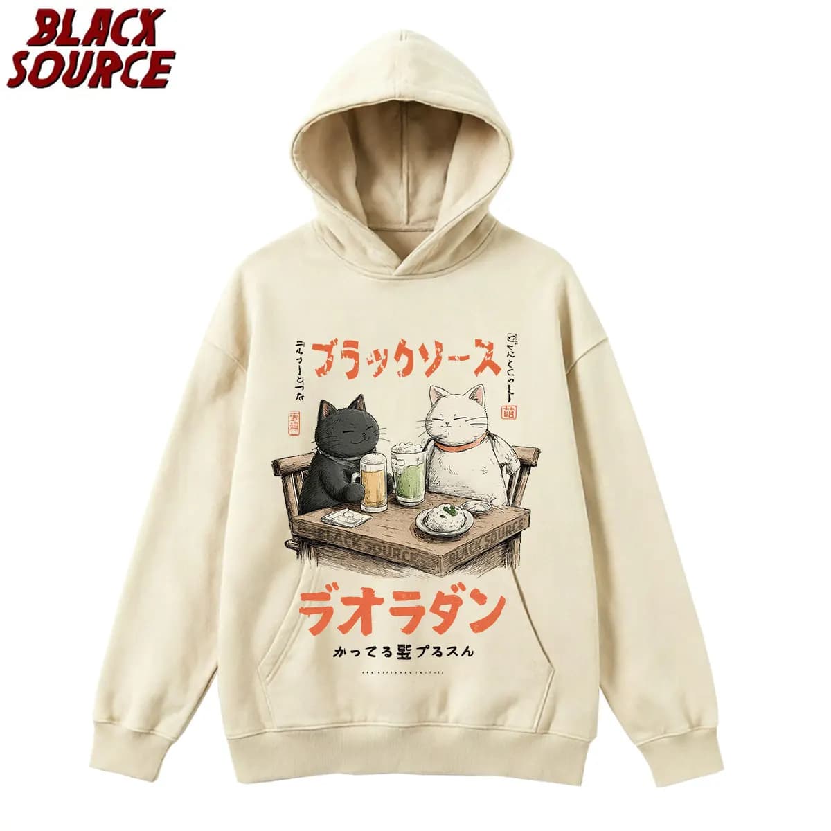T147 Men's Japanese Harajuku Funny Drinking Cat Hoodie, Cartoon Graphic Pullover Sweatshirt, Unisex Casual Hip Hop Streetwear