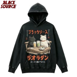 T147 Men's Japanese Harajuku Funny Drinking Cat Hoodie, Cartoon Graphic Pullover Sweatshirt, Unisex Casual Hip Hop Streetwear