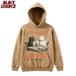 T147 Men's Japanese Harajuku Funny Drinking Cat Hoodie, Cartoon Graphic Pullover Sweatshirt, Unisex Casual Hip Hop Streetwear