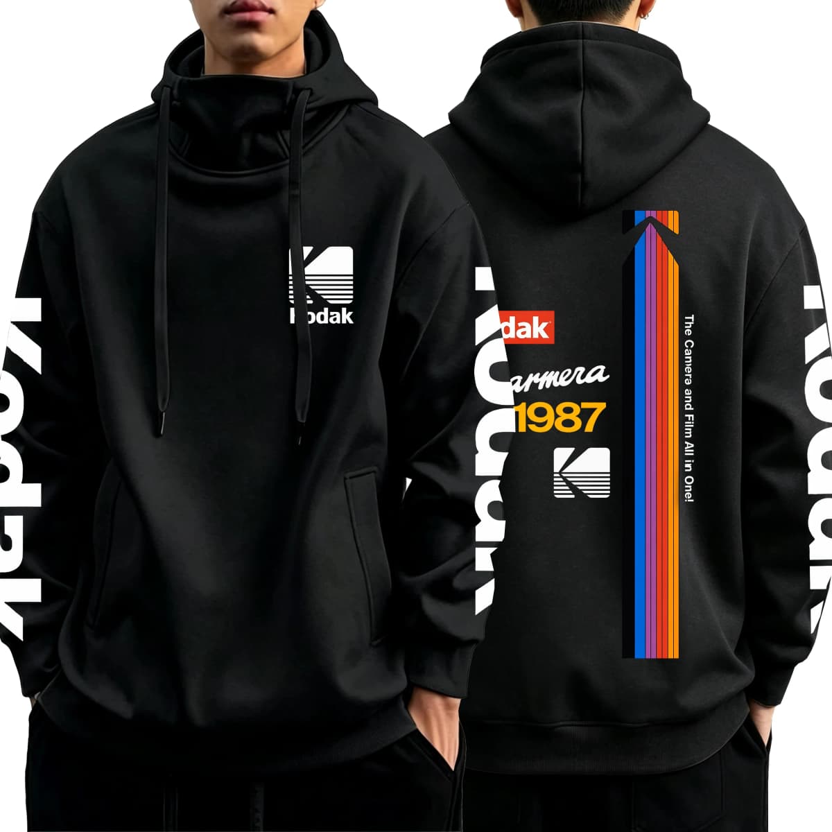 Men's Retro Kodak Camera 1987 High Neck Hoodie Women's Retro Film Camera Pattern Hoodie Sportswear Street Hip Hop Couple Hoodie