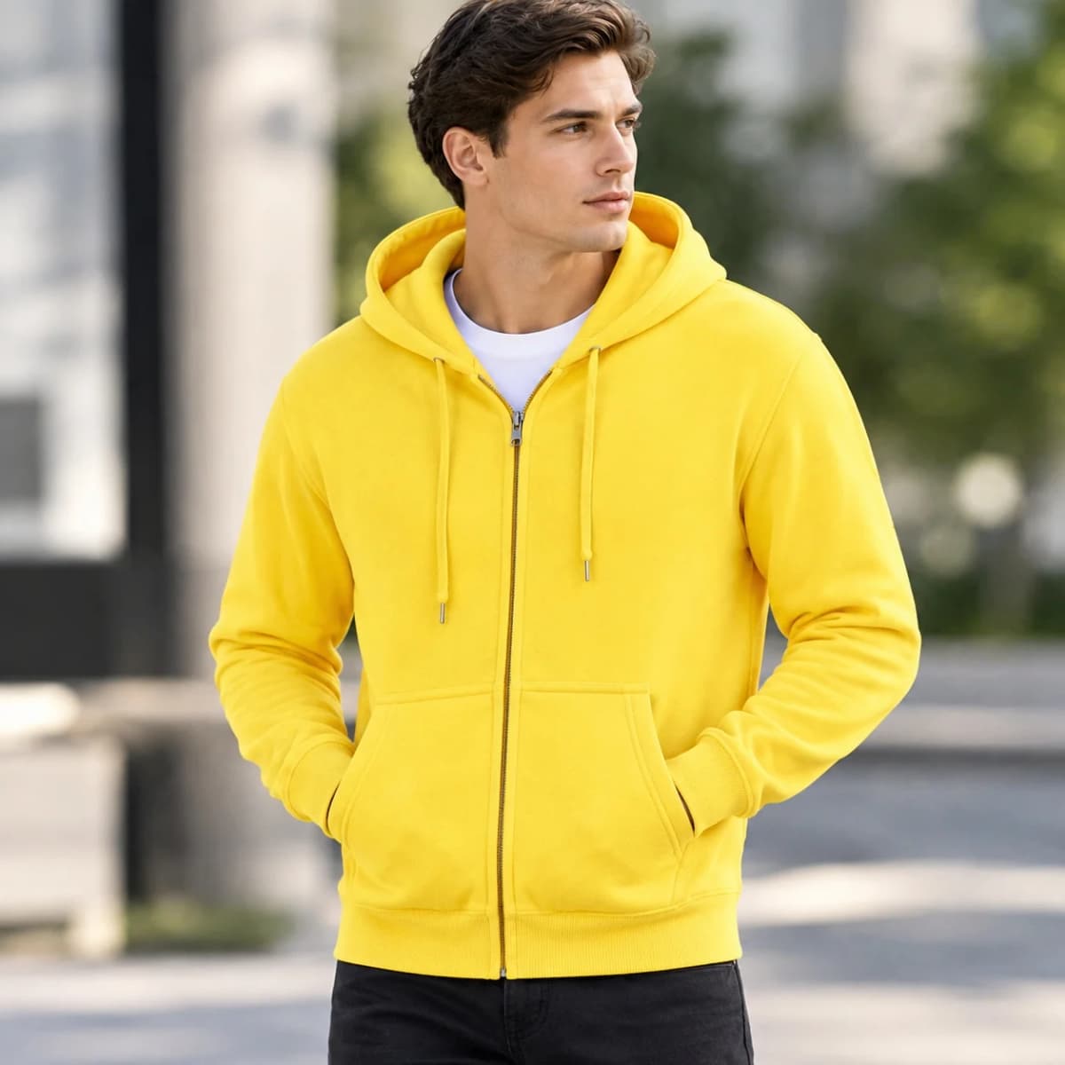 Casual Hooded Sporty Hoodies with Pocket Autumn Spring Notched Collar Patch Pocket Zipper Decoration Men Hoodies and Sweatshirts