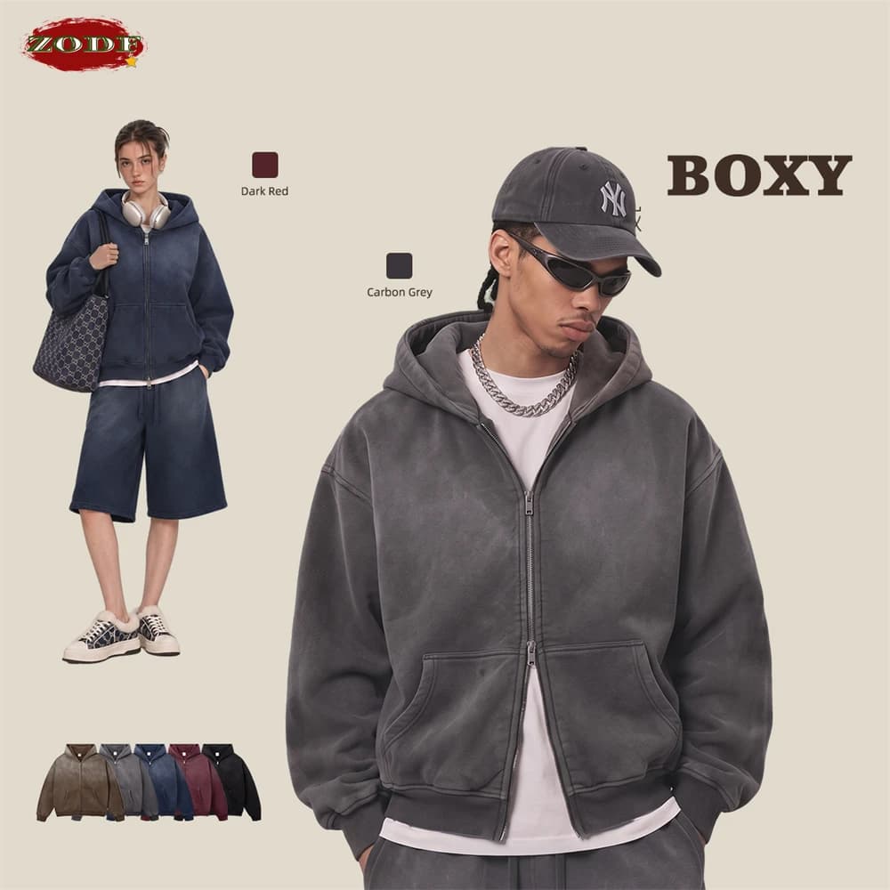 ZODF Retro Winter 400gsm Monkey Washed Fleece Zipper Hoodie Unisex Boxyfit Distressed High Street Hooded Jackets Outwears HY1330