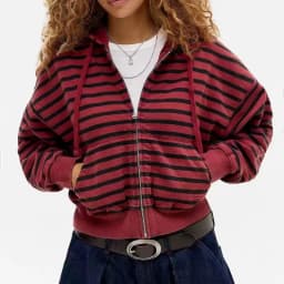 Vintage Red Black Stripe Full Zip Hoodie Women Men Y2K Aesthetic Loose Cropped Hooded Jacket Streetwear Long Sleeve Sweatshirt