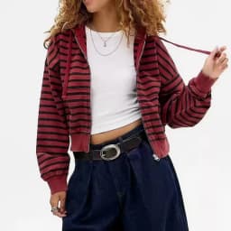 Vintage Red Black Stripe Full Zip Hoodie Women Men Y2K Aesthetic Loose Cropped Hooded Jacket Streetwear Long Sleeve Sweatshirt