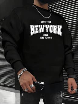 Men's Autumn and Winter Fashionable Casual Loose New York Letter Graphic Printed Long-Sleeved Round-Neck Sweatshirt