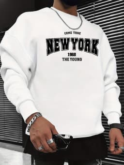 Men's Autumn and Winter Fashionable Casual Loose New York Letter Graphic Printed Long-Sleeved Round-Neck Sweatshirt