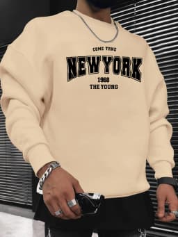 Men's Autumn and Winter Fashionable Casual Loose New York Letter Graphic Printed Long-Sleeved Round-Neck Sweatshirt