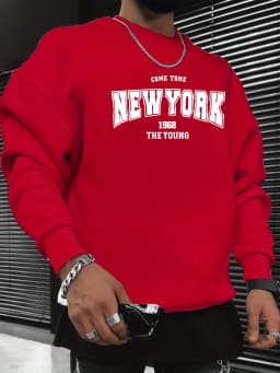 Men's Autumn and Winter Fashionable Casual Loose New York Letter Graphic Printed Long-Sleeved Round-Neck Sweatshirt