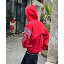 Firmranch 25ss Korean Fashion High Street Red Color Hoodies Jackets For Men Women Distressed Washed Zipper Hooded Sweatshirt