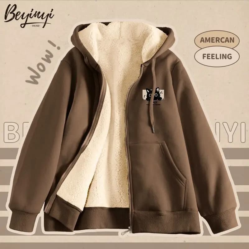 Lamb Velvet Hoodie Men's Outerwear Autumn Winter Versatile Fashion Long Sleeve Loose Cardigan Zipper for Couples