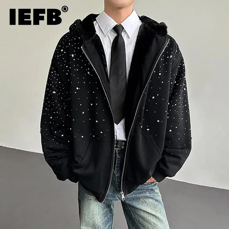 IEFB Niche Design Men's Sweaters Hooded Diamonds Patchwork Faux Fur Patchwork Zipper Solod Color Loose Male Hoodies Chic 9X1784