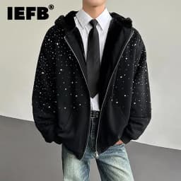 IEFB Niche Design Men's Sweaters Hooded Diamonds Patchwork Faux Fur Patchwork Zipper Solod Color Loose Male Hoodies Chic 9X1784