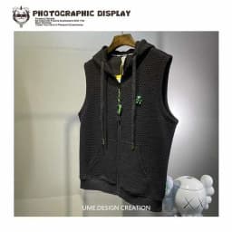 Men's Jacquard Vest Summer Hooded Sweatshirt Sleeveless T-shirt Sports Waistcoat Solid Zipper Pockets Drawstring Sweater Tops