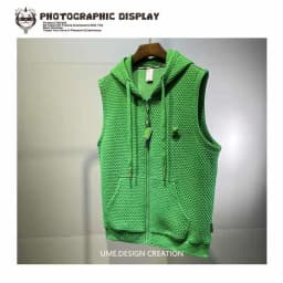 Men's Jacquard Vest Summer Hooded Sweatshirt Sleeveless T-shirt Sports Waistcoat Solid Zipper Pockets Drawstring Sweater Tops