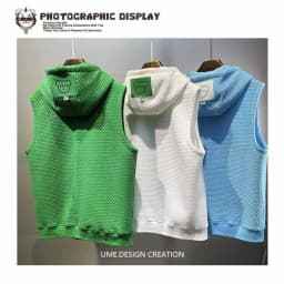 Men's Jacquard Vest Summer Hooded Sweatshirt Sleeveless T-shirt Sports Waistcoat Solid Zipper Pockets Drawstring Sweater Tops