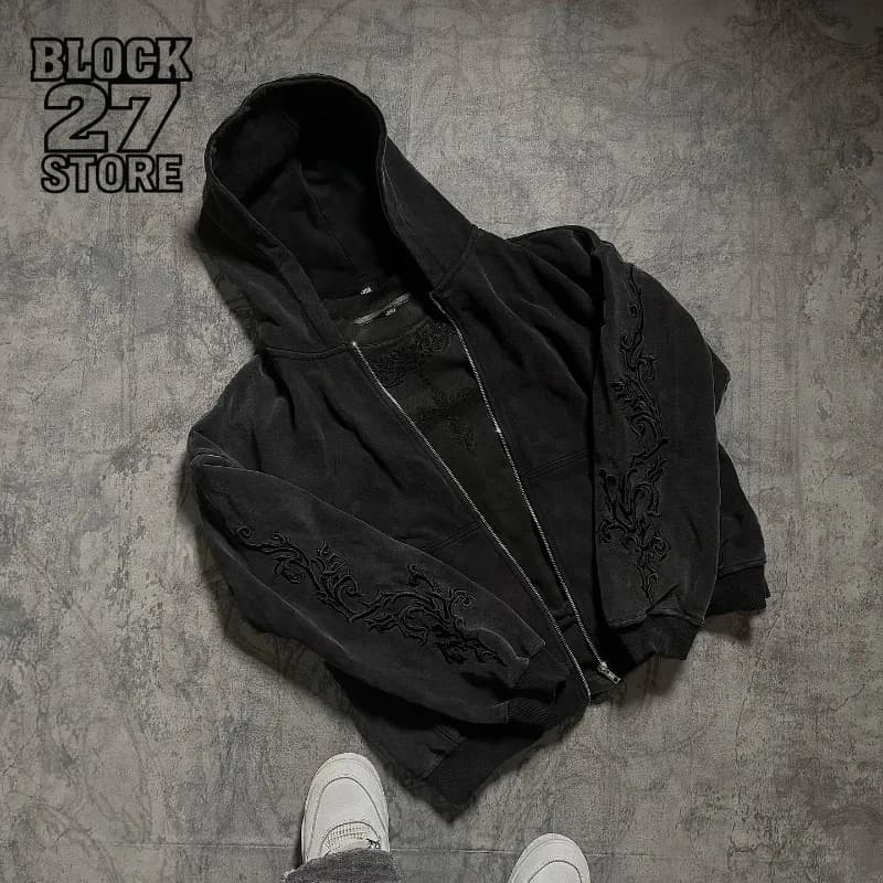 Mens Hoodie Harajuku Y2K Vine Embroidered High Street Washed Black Gray Sweatshirt Gothic Casual Streetwear Loose Fit Fashion