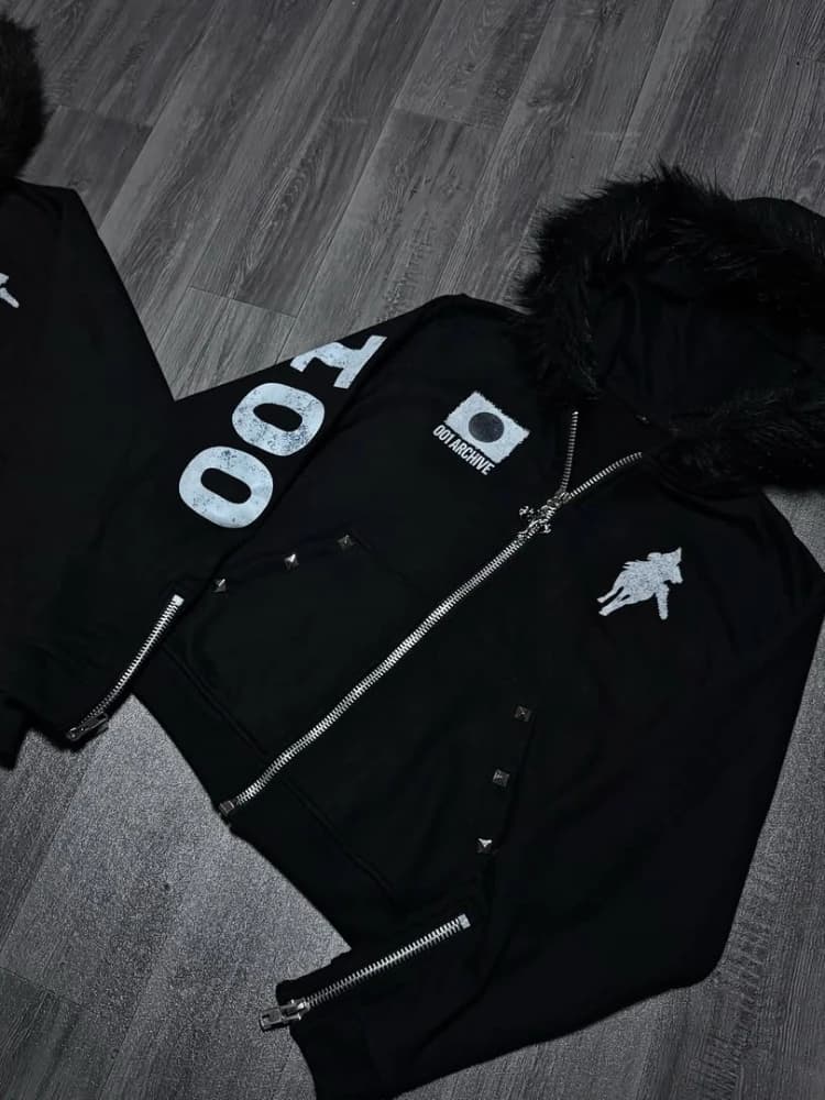 Y2K Japanese Harajuku streetwear European youth rivet fashion wool pullover men's urban casual hooded hip-hop printed sweatshirt