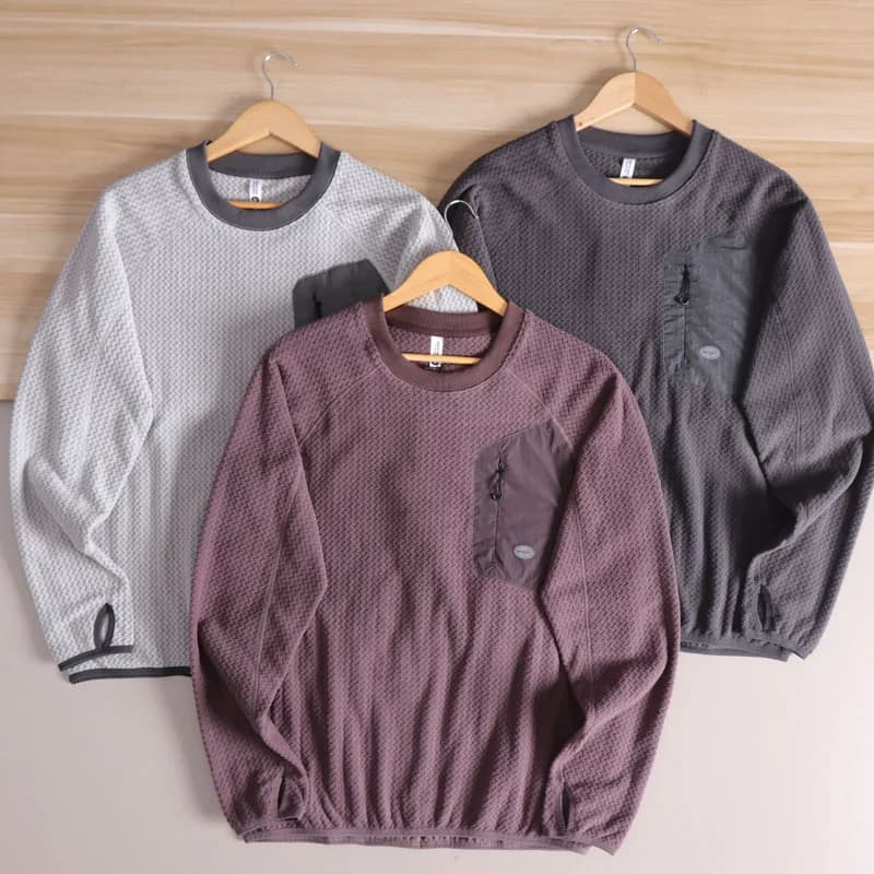 Japanese Style round Neck Fleece Lined Long Sleeve Sweatshirt Men's Color Block Casual Loose Top Breathable Polyester Fabric