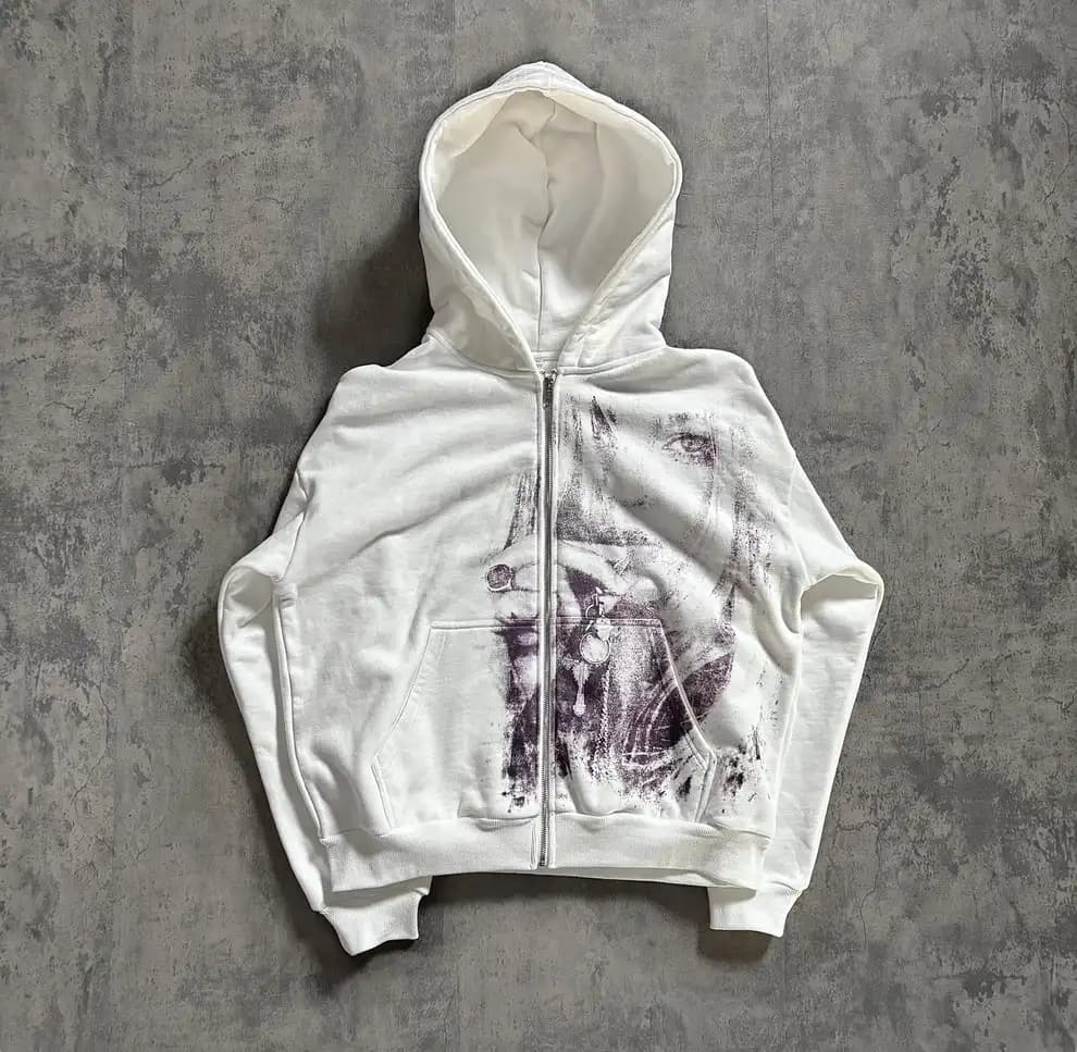 Vintage Portrait Print White Zip Hoodie Y2K Hip Hop Streetwear Embroidery Hood Sweatshirt Autumn Winter Warm coat Men Clothing