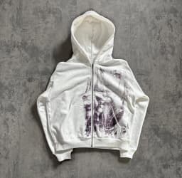 Vintage Portrait Print White Zip Hoodie Y2K Hip Hop Streetwear Embroidery Hood Sweatshirt Autumn Winter Warm coat Men Clothing