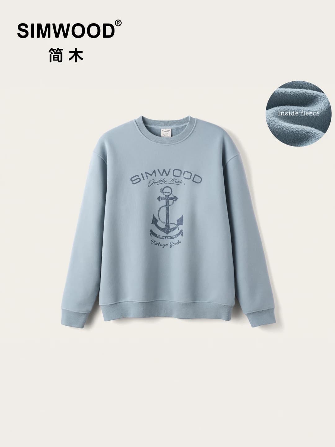 SIMWOOD 2026 Autumn Winter New Oversize Men's 380gsm Heavyweight Fleece Sweatshirt Vintage Washed Graphic Print Pullover