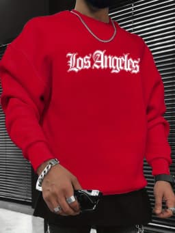 Men's Autumn and Winter Fashionable Casual Loose Los Angeles Letter Graphic Printed Long Sleeved Round Neck Sweatshirt