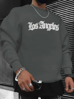 Men's Autumn and Winter Fashionable Casual Loose Los Angeles Letter Graphic Printed Long Sleeved Round Neck Sweatshirt