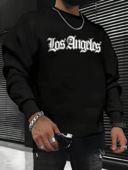 Men's Autumn and Winter Fashionable Casual Loose Los Angeles Letter Graphic Printed Long Sleeved Round Neck Sweatshirt