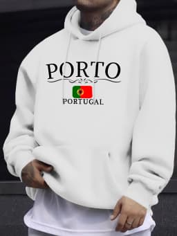 Porto Portugal Letter And Flag Prints Men Fleece Hoodie Soft High Street Sweatshirt Basics Autumn Clothes Fashion Casual Tops
