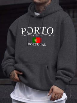 Porto Portugal Letter And Flag Prints Men Fleece Hoodie Soft High Street Sweatshirt Basics Autumn Clothes Fashion Casual Tops