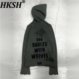 HKSH Spring Autumn New Men Tide Dark Punk Visual Style Patchwork Embroidered Letter Sweatshirt Distressed Hooded Hoodies HK26825